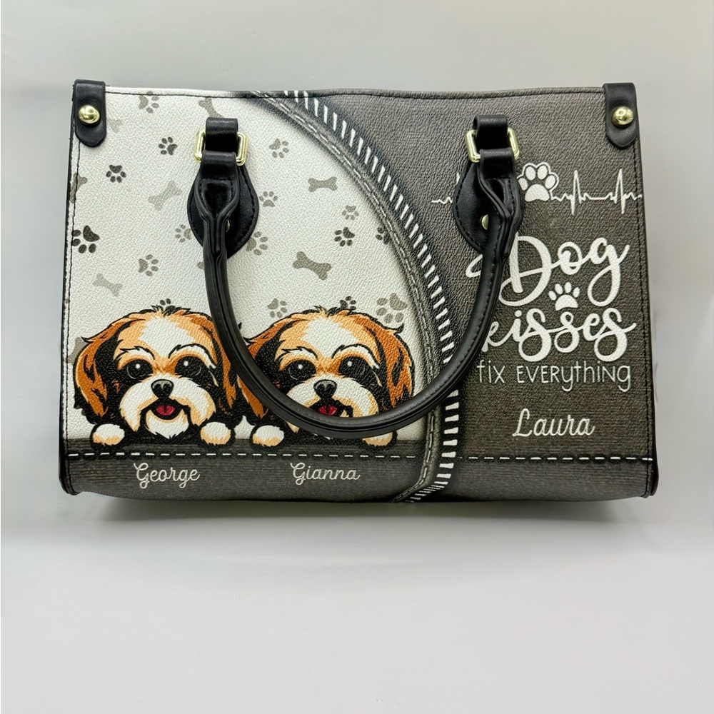 Dog Kisses Fix Everything Black Leather Tote Bag 11.4x7.9x4.7 in